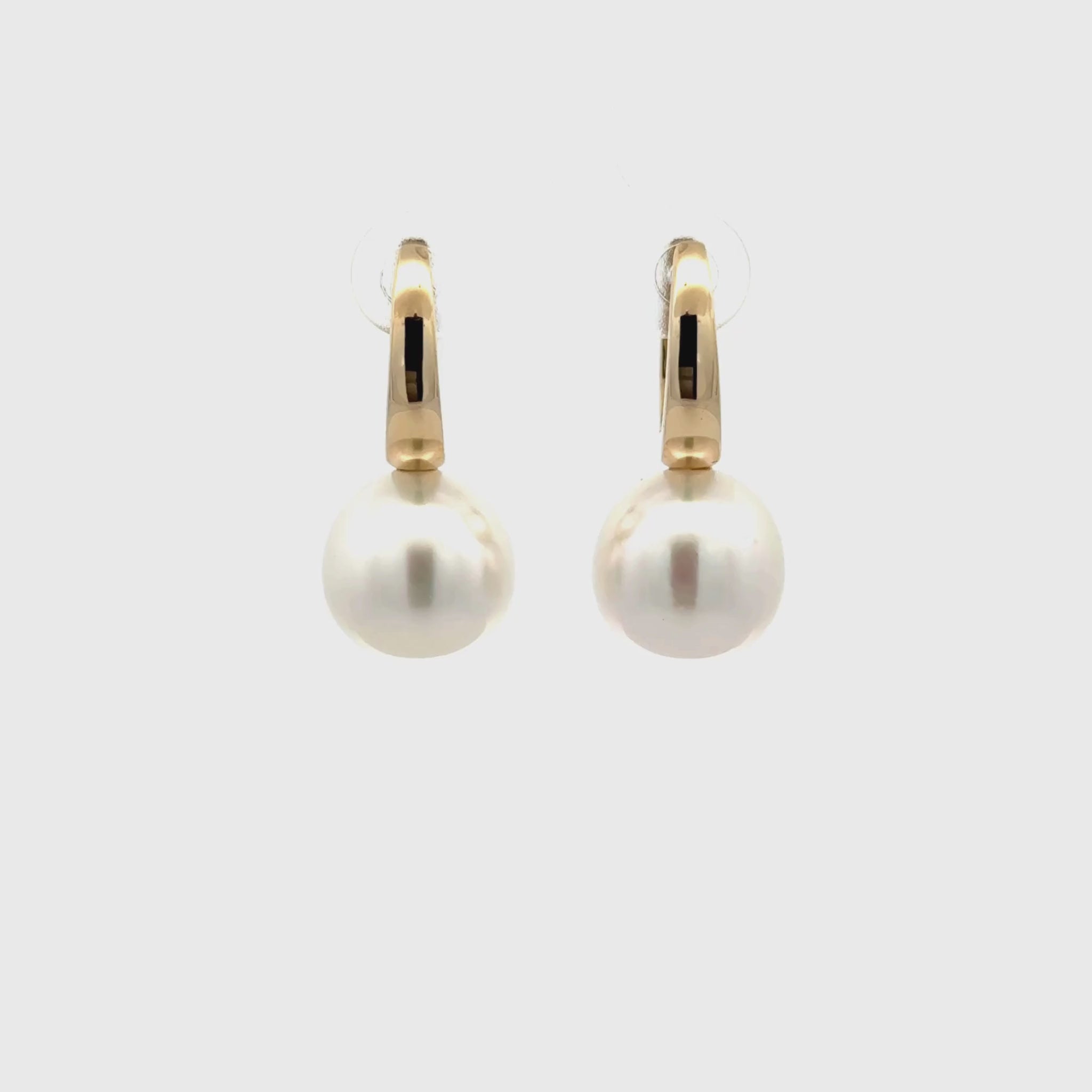 9K Yellow Gold Australian South Sea 12-13 mm Cultured Pearl Huggie Earrings 360 degree video on white background