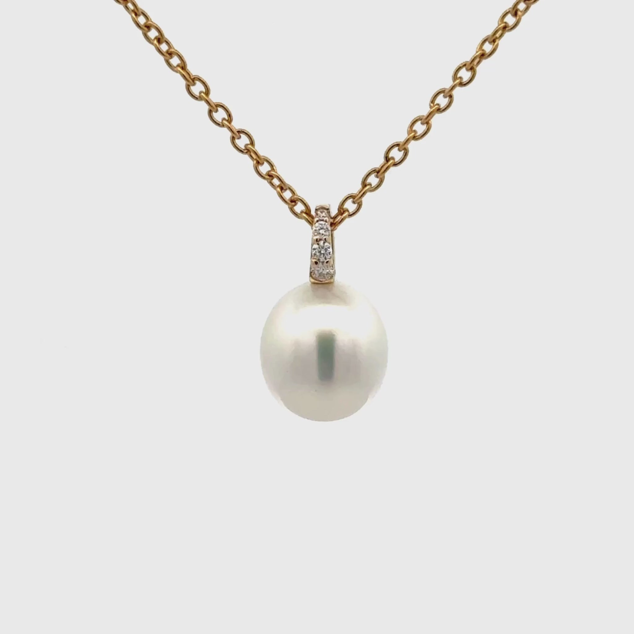 9K Yellow Gold Australian South Sea 9-10 mm Cultured Pearl and Diamond Pendant 360 view video