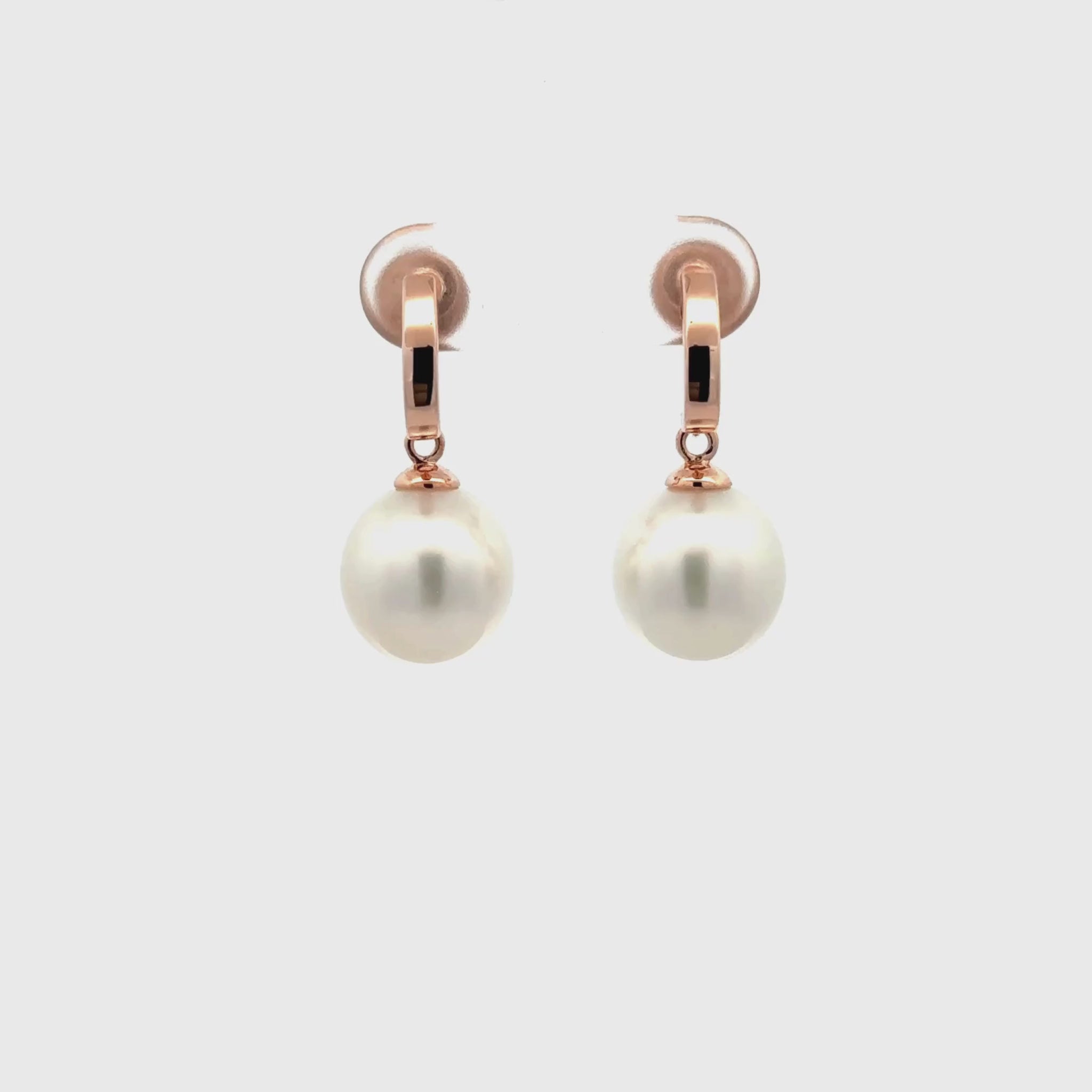 18K Rose Gold Australian South Sea 11-12 mm Cultured Pearl Drop Earrings 360 degree view on a white background