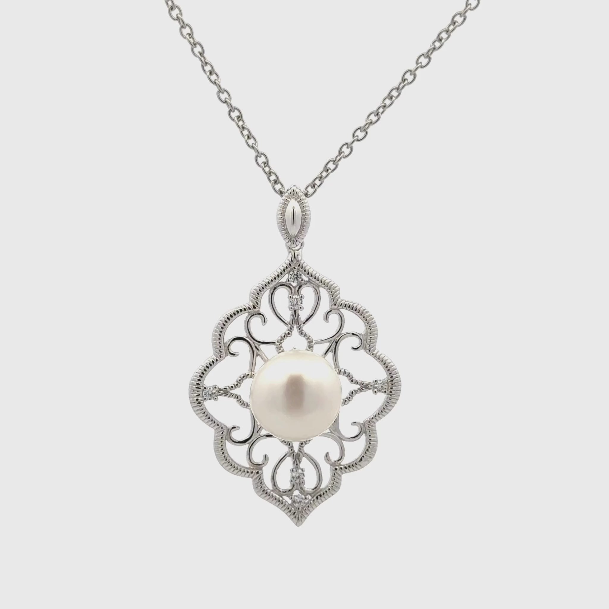 Sterling Silver 10-11 mm White Freshwater Pearl & Cubic Zirconia Pendant 360 degree view on a white background