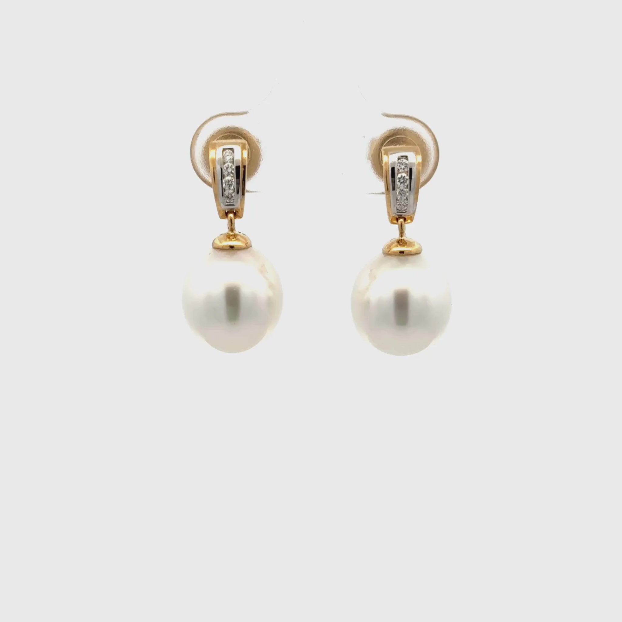 18K Yellow Gold Australian South Sea 10-11 mm Cultured Pearl and Diamond Drop Earrings 360 view video