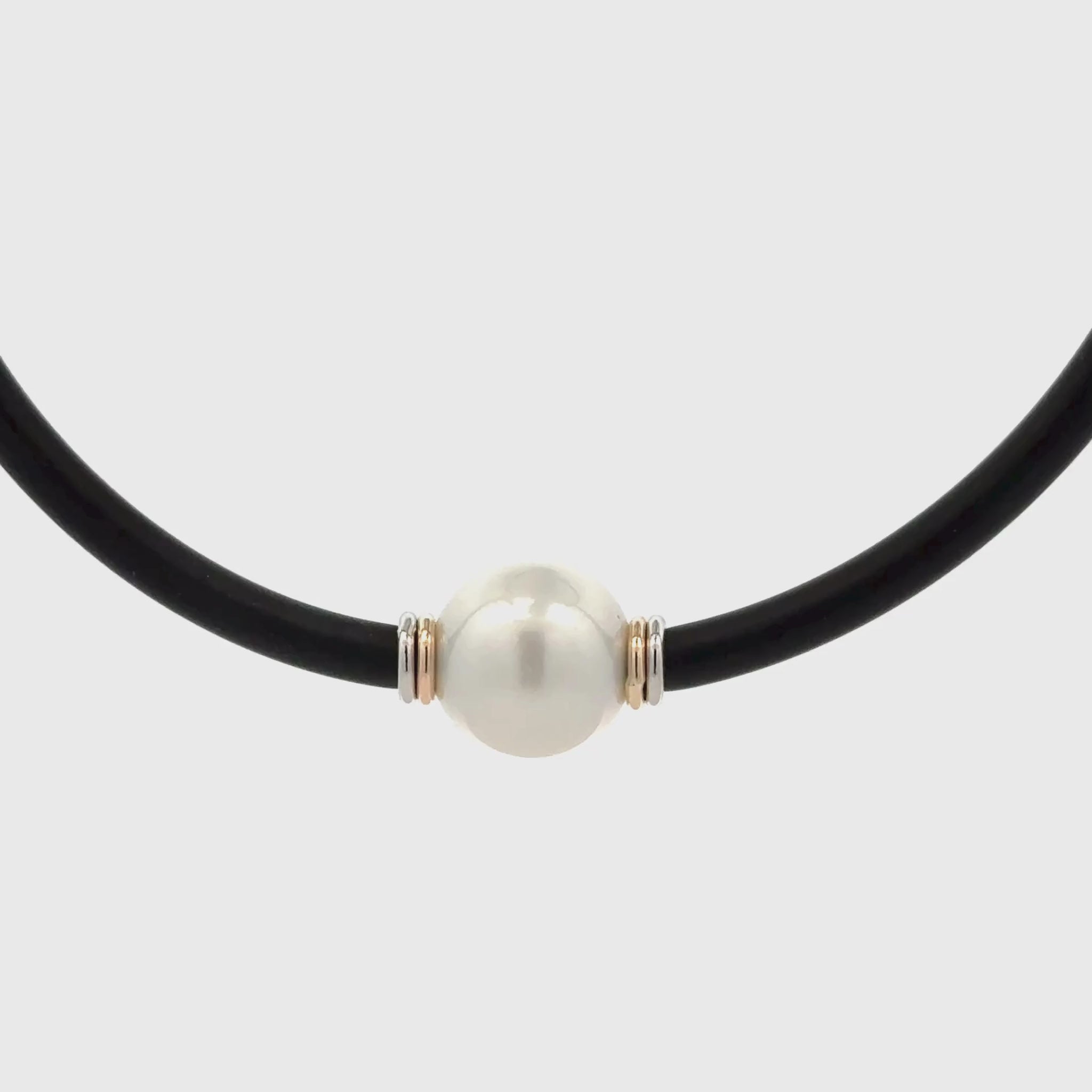 Sterling Silver & 9K Yellow Gold Australian South Sea 13-14 mm Cultured Pearl Neoprene Necklace 360 degree view with white background
