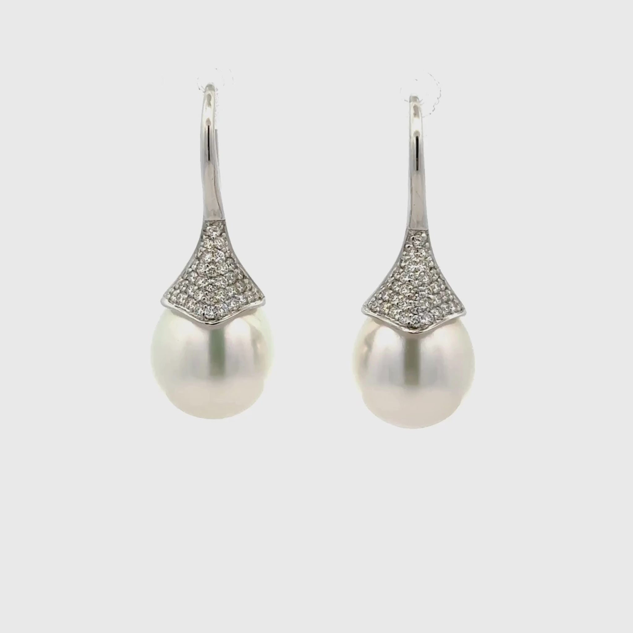 18K White Gold Australian South Sea 10-11 mm Cultured Pearl and Diamond Hook Earrings 360 view video