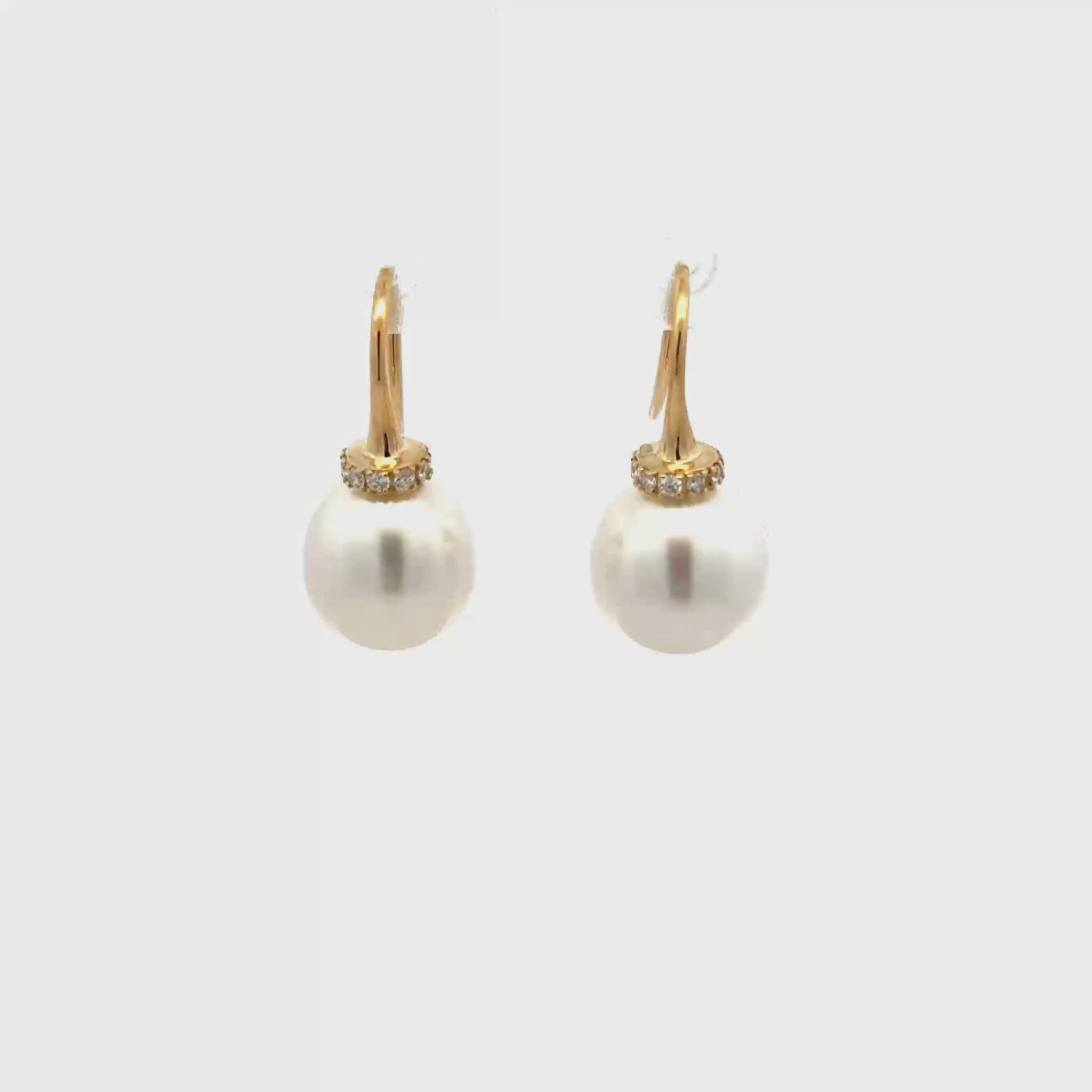 18K Yellow Gold Australian South Sea 10-11 mm Cultured Pearl and Diamond Hook Earrings 360 view video