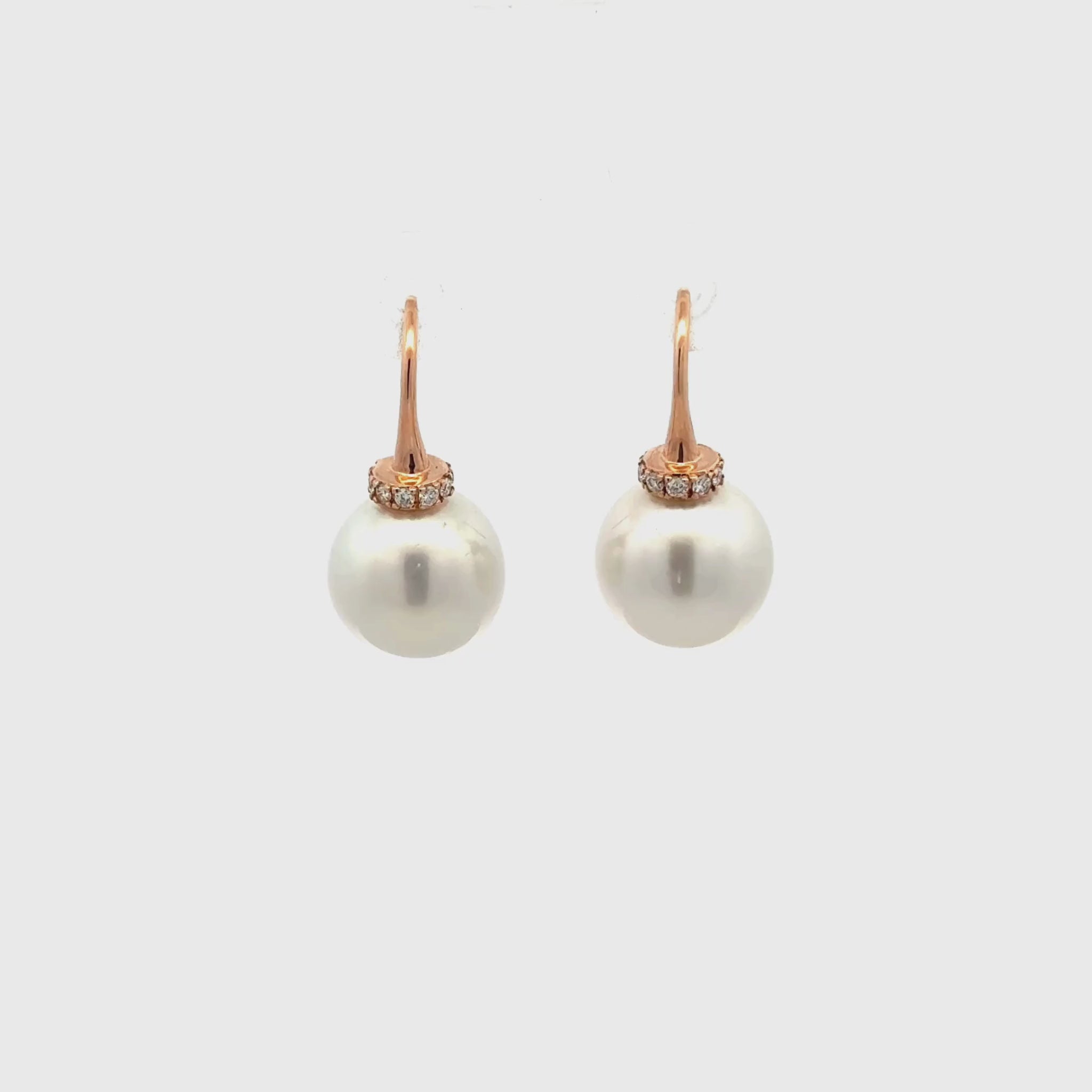 18K Rose Gold Australian South Sea 11-12 mm Cultured Pearl and Diamond Hook Earrings front view