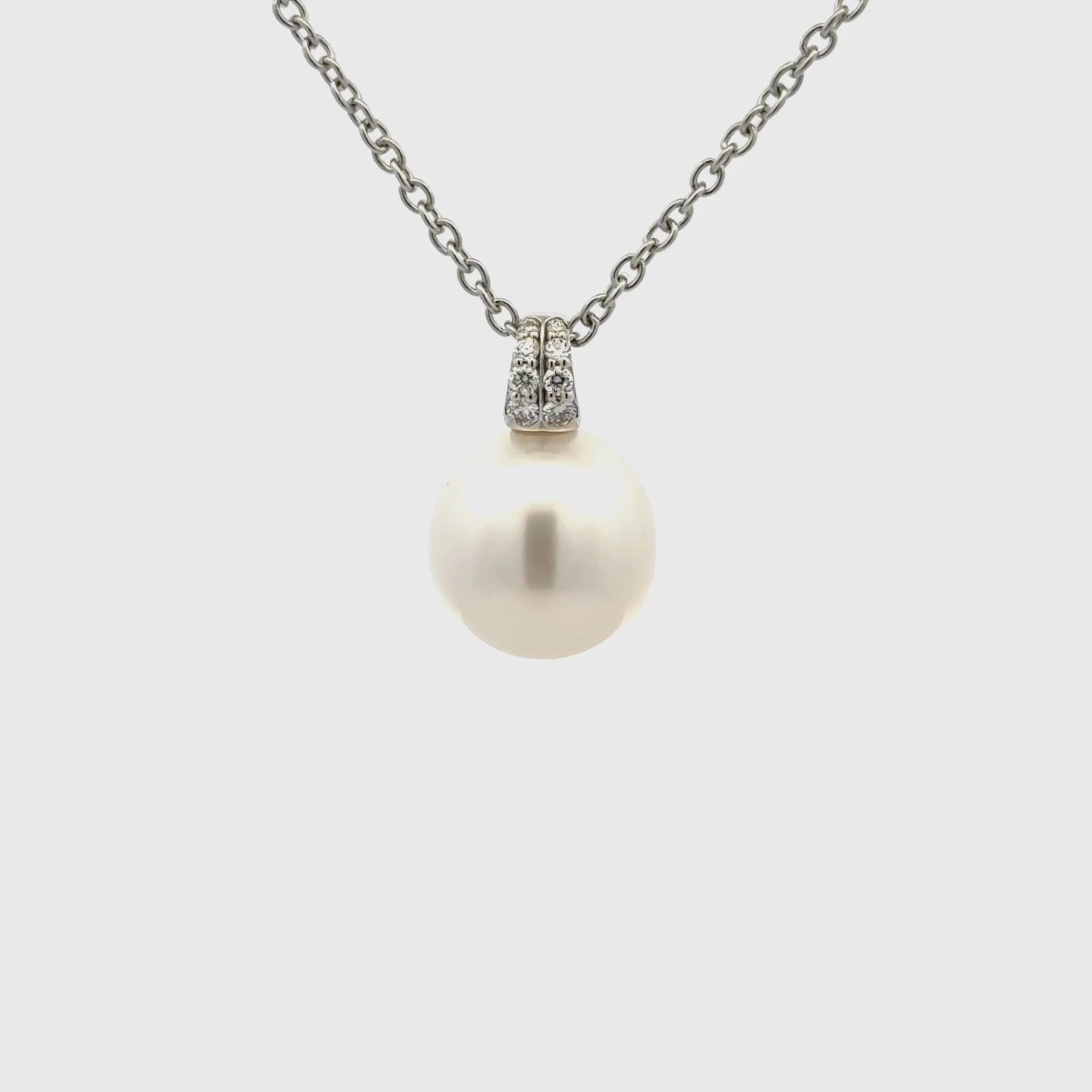 18K White Gold Australian South Sea 11-12 mm Cultured Pearl and Diamond Pendant 360 view video