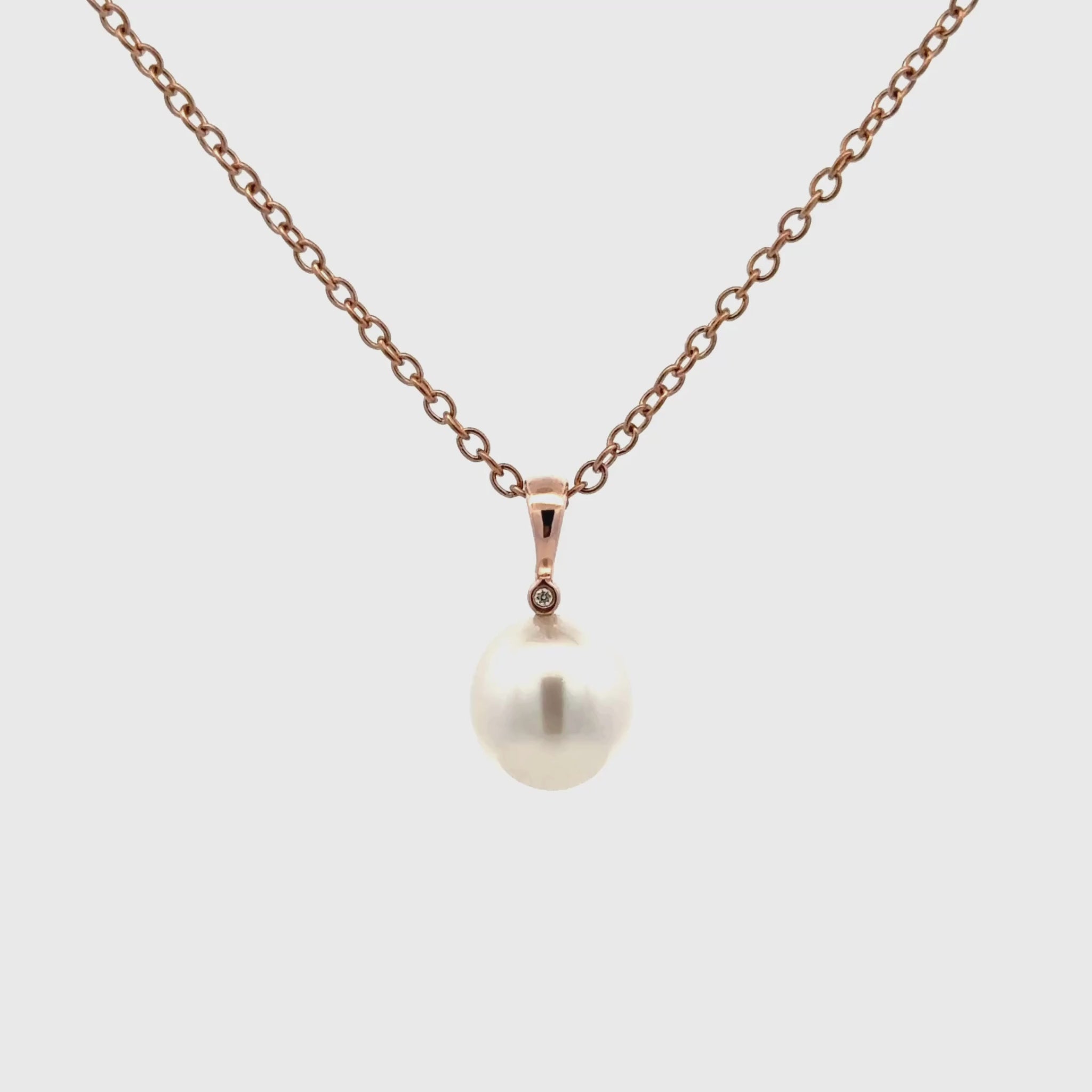 9K Rose Gold Australian South Sea 9-10 mm Cultured Pearl and Diamond Pendant 360 view video