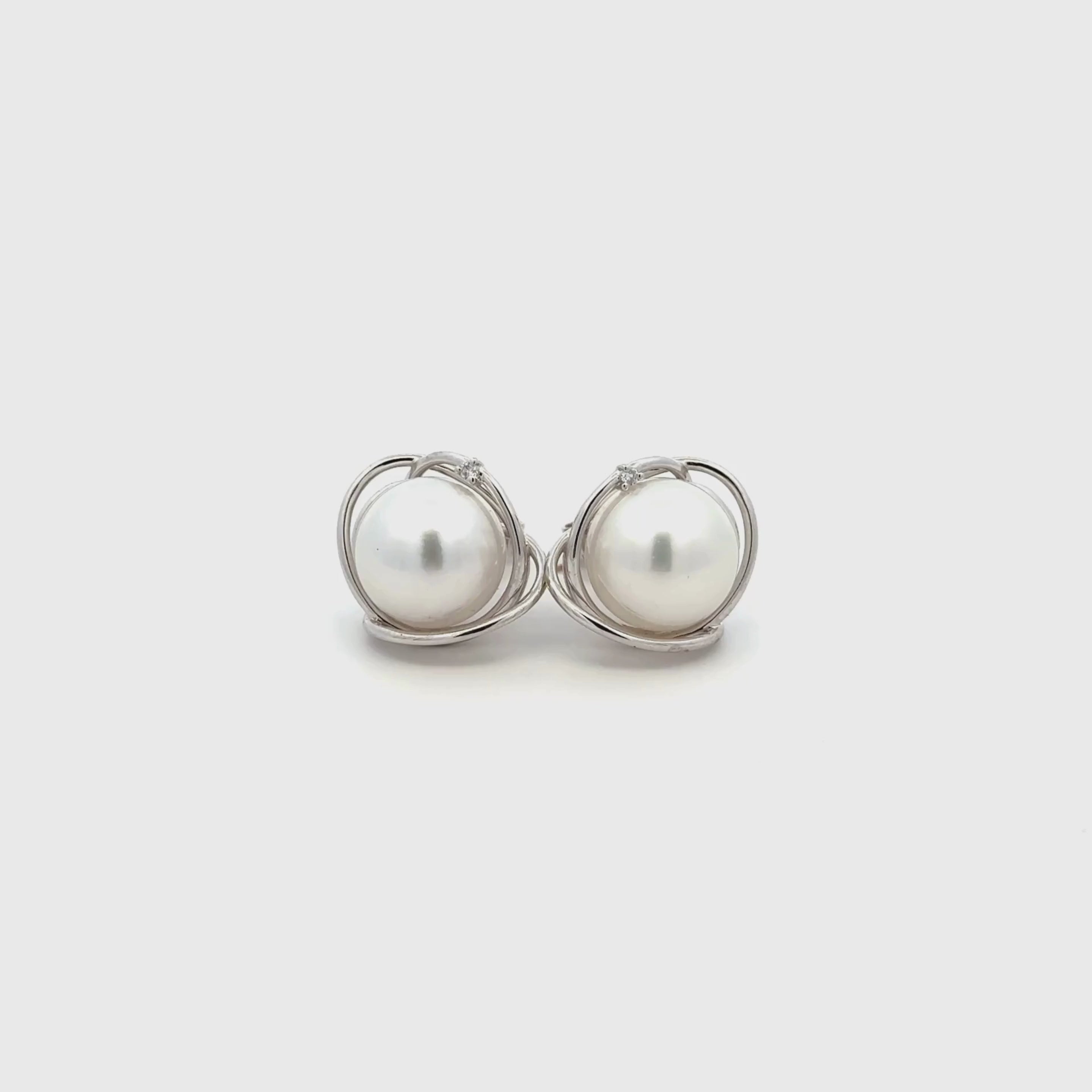 9K White Gold Australian South Sea 9-10 mm Cultured Pearl and Diamond Stud Earrings 360 view