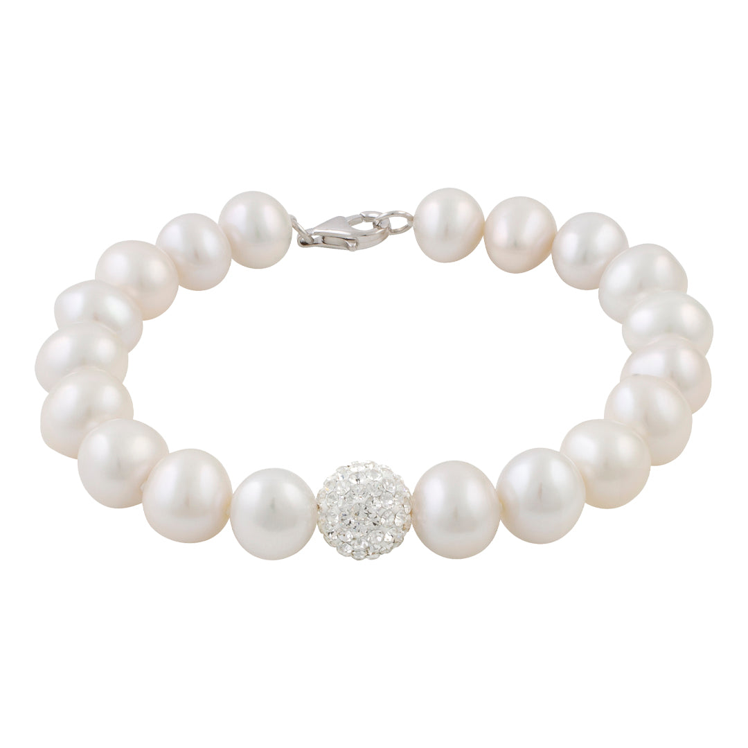 Sterling Silver Freshwater Pearl 8.5-9.5mm Bracelet With Crystal Clay Ball