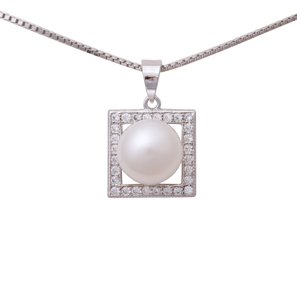 纯银淡水珍珠白 8.5-9 毫米方晶锆石吊坠