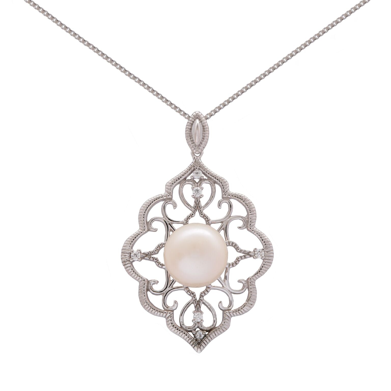纯银 10-11 毫米白色淡水珍珠和方晶锆石吊坠
