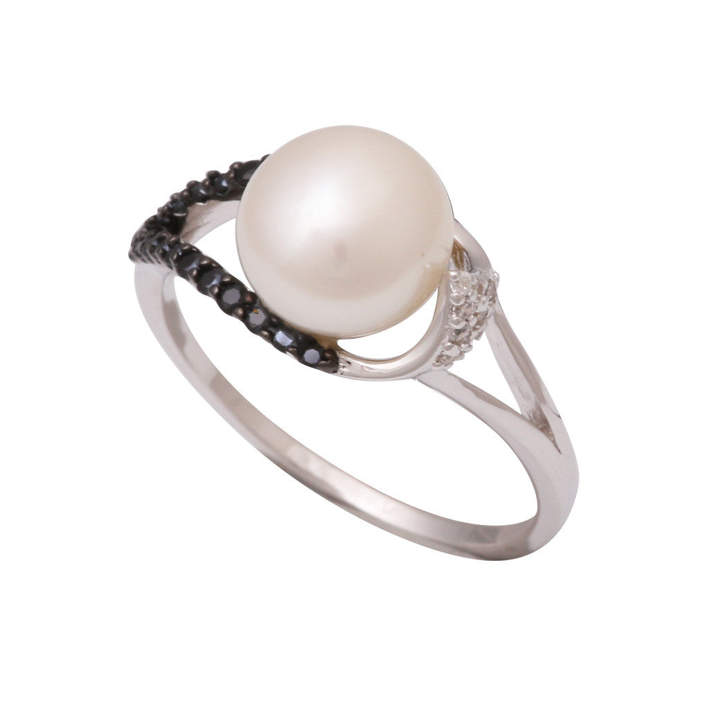 Sterling Silver Freshwater Pearl 9.5-10mm Black Spinel & Cubic Zirconia Ring