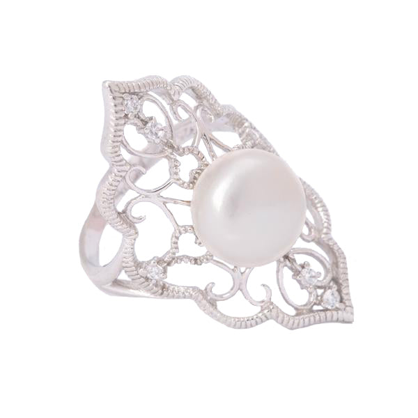 纯银淡水珍珠和方晶锆石戒指