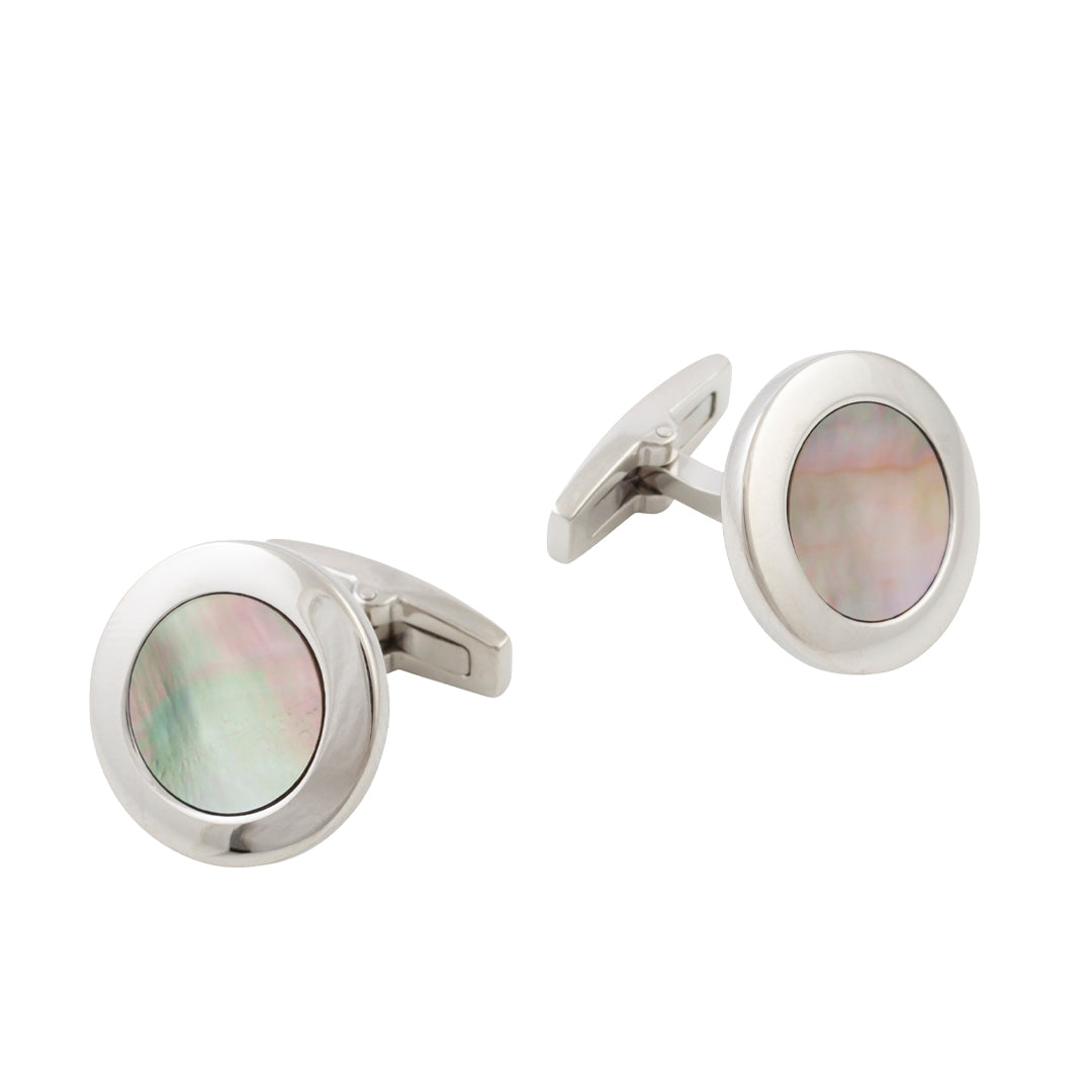 Stainless Steel Black Mother Of Pearl Round Cufflinks